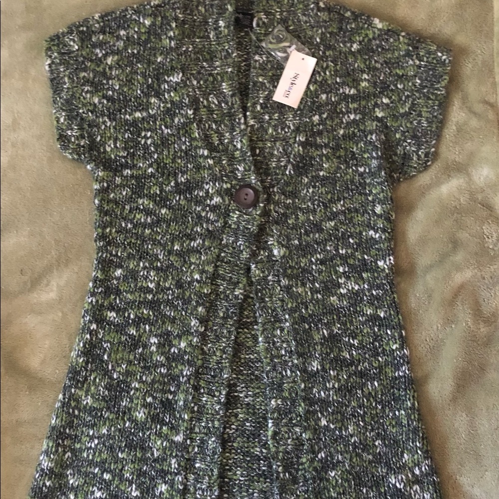 Style & Co. Marled Green Tunic Short Sleeve Cardigan One Button/Snap Closure P/S
